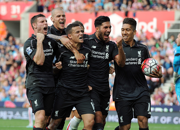 Liverpool players celebrating Coutinho's goal
