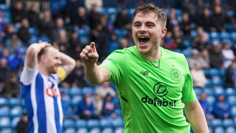 Celtic winger James Forrest celebrates after scoring. (Getty Images)