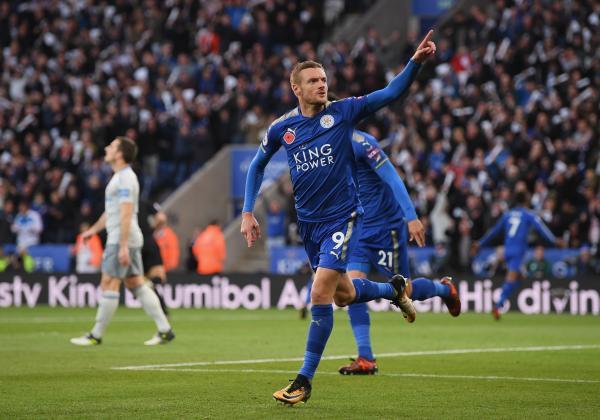 Vardy celebrates after scoring a goal in the premier league.