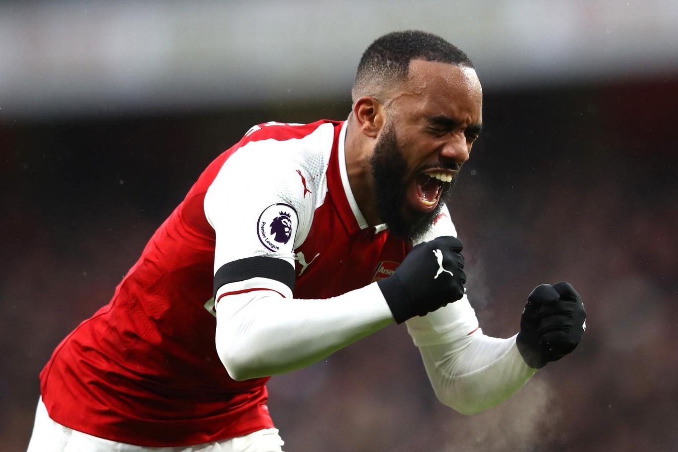 Arsenal striker Alexandre Lacazette celebrates after scoring. (Getty Images)