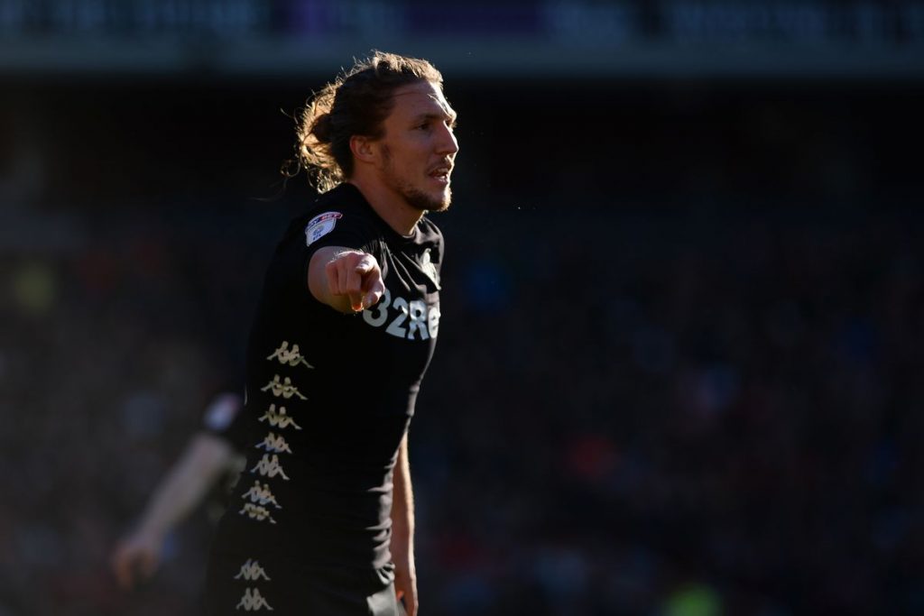 Leeds United defender Luke Ayling instructs his teammate. (Getty Images)