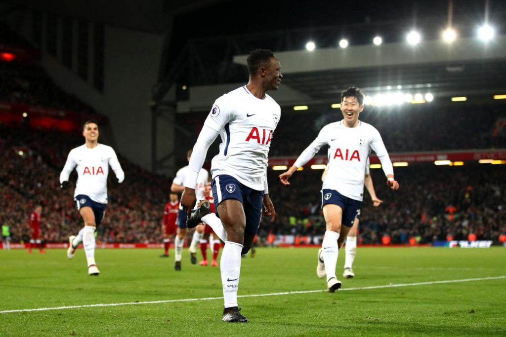 Victor Wanyama celebrates with his Tottenham teammates after scoring against Liverpool at Anfield. (Getty Images)