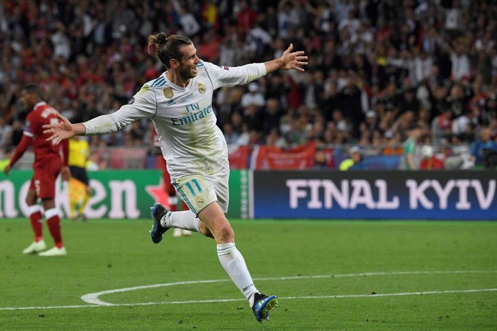 Real Madrid's Gareth Bale celebrates his second goal against Liverpool in the 2018 Champions League final. (Getty Images)
