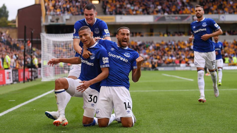 Richarlison celebrates with his Everton teammates after scoring. (Getty Images)