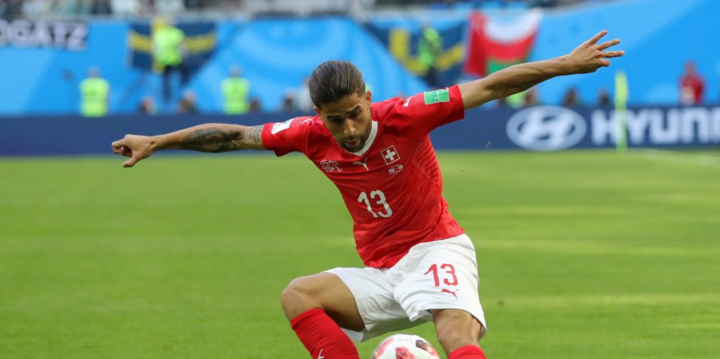 Ricardo Rodriguez of Switzerland controls the ball during the 2018 FIFA World Cup Russia Round of 16 match between Sweden and Switzerland at Saint Petersburg Stadium on July 3, 2018, in Saint Petersburg, Russia.