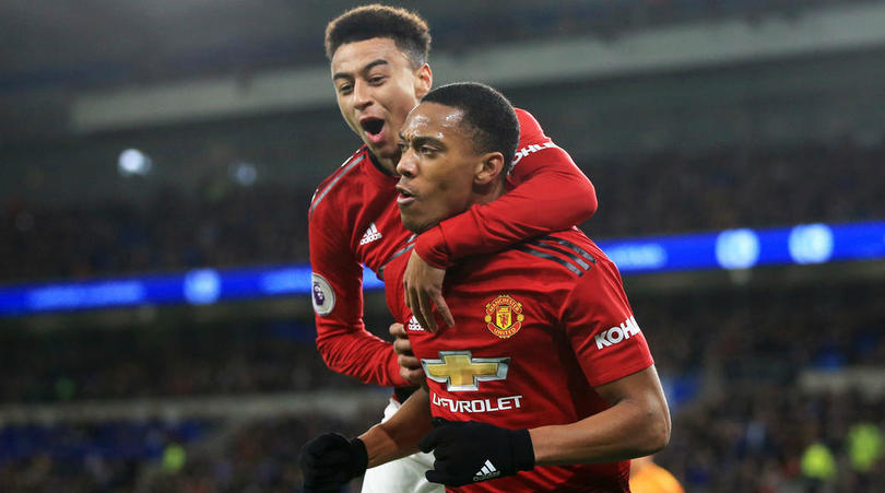 Manchester United's Anthony Martial celebrates a goal with Jesse Lingard. (Getty Images)