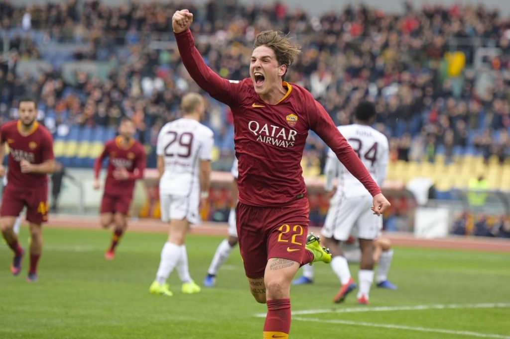 AS Roma's Nicolo Zaniolo celebrates after scoring. (Getty Images)