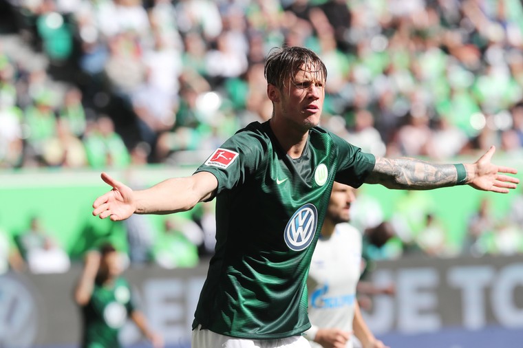 Wolfsburg striker Wout Weghorst celebrates after scoring. (Getty Images)