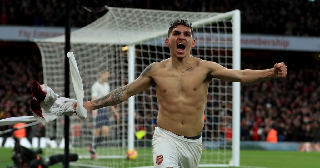 Torreira celebrates after scoring a goal for Arsenal.
