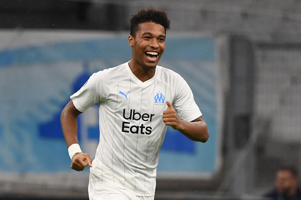Marseille's French defender Boubacar Kamara celebrates after scoring a goal during the French L1 football match between Olympique de Marseille (OM) and Racing Club de Strasbourg Alsace (RCS). (Getty Images)