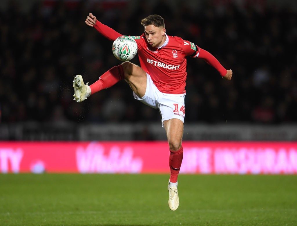 Matty Cash of Nottingham Forest controls the ball during the Carabao Cup Fourth Round match between Burton Albion and Nottingham Forest at Pirelli Stadium. (Getty Images)