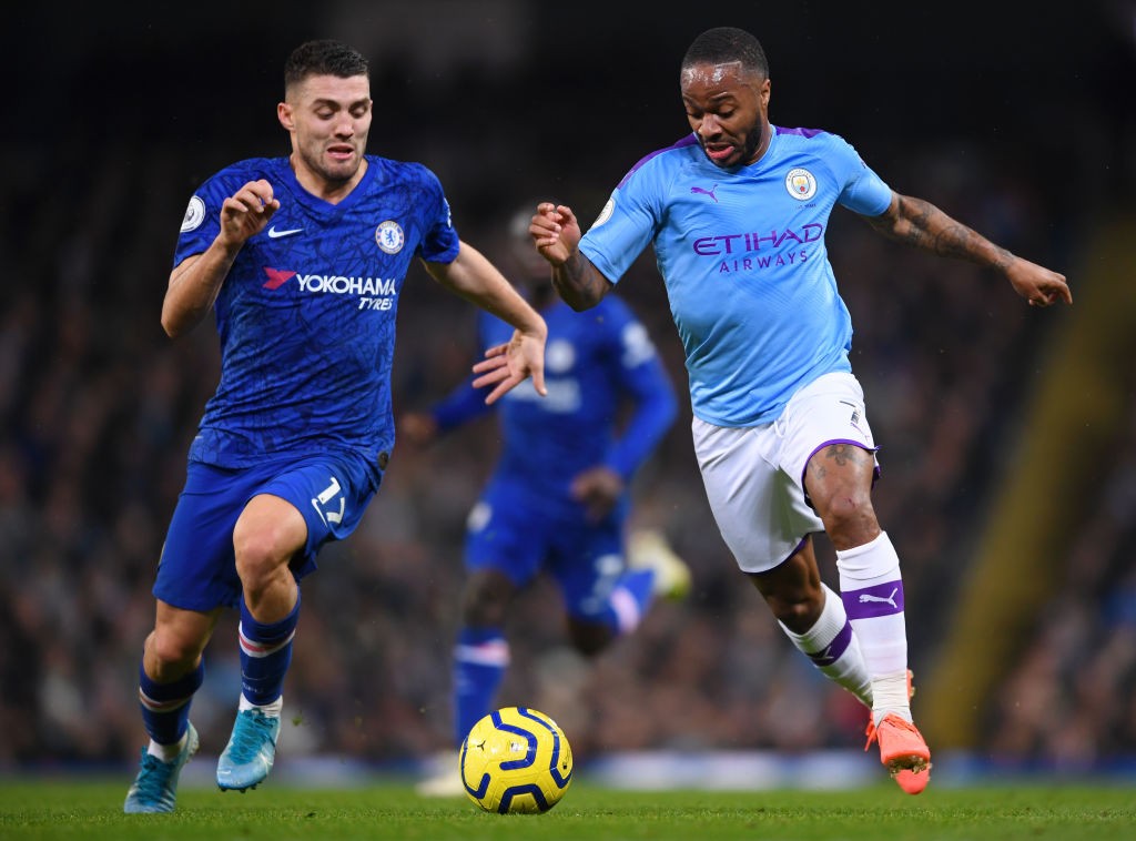 Raheem Sterling of Manchester City is challenged by Mateo Kovacic of Chelsea during the Premier League match between Manchester City and Chelsea FC at Etihad Stadium. (Getty Images)