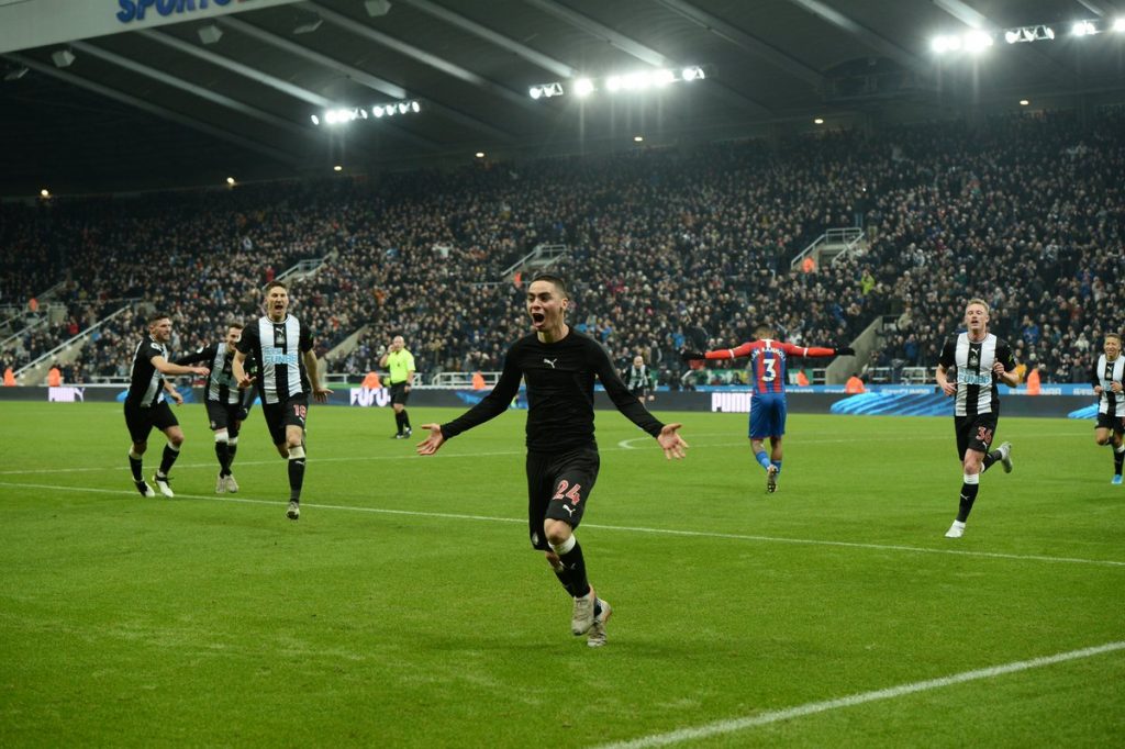 Miguel Almiron celebrates after scoring for Newcastle against Crystal Palace. (Getty Images)