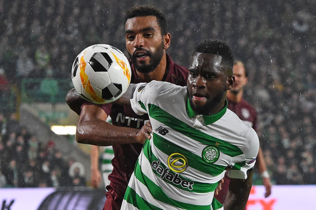 CFR Cluj's French forward Billel Omrani (left) vies with Celtic's French forward Odsonne Edouard (right) during the UEFA Europa League group E football match between the two sides at Celtic Park Stadium in Glasgow, Scotland.