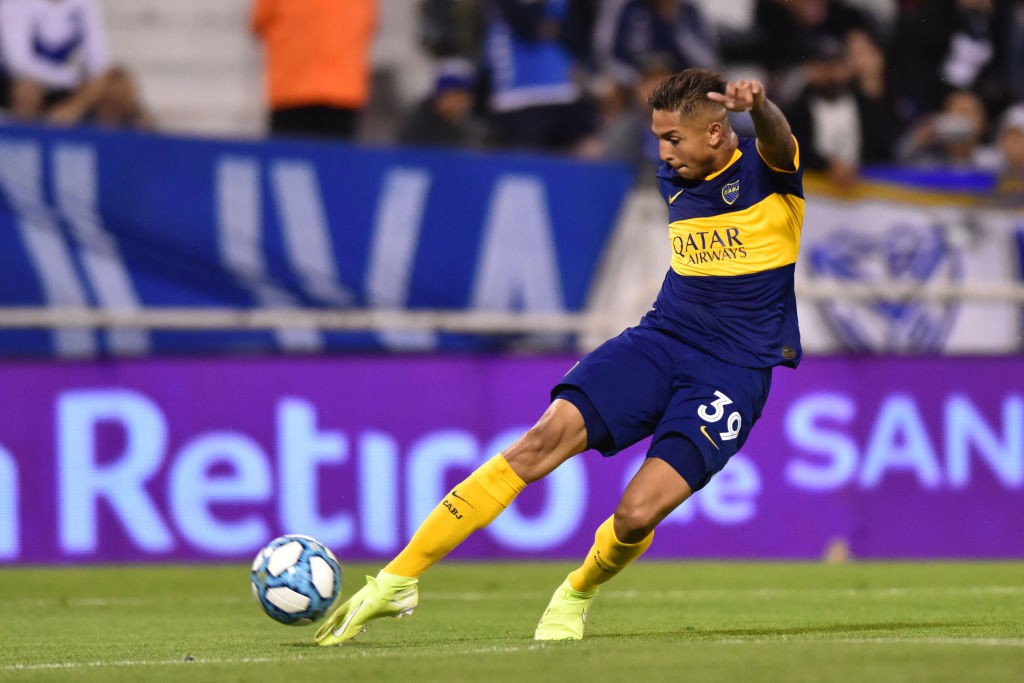 Agustin Almendra of Boca Juniors kicks the ball during a match between Velez and Boca Juniors as part of Superliga Argentina 2019/20 at Jose Amalfitani Stadium on November 10, 2019 in Buenos Aires, Argentina. (Getty Images)