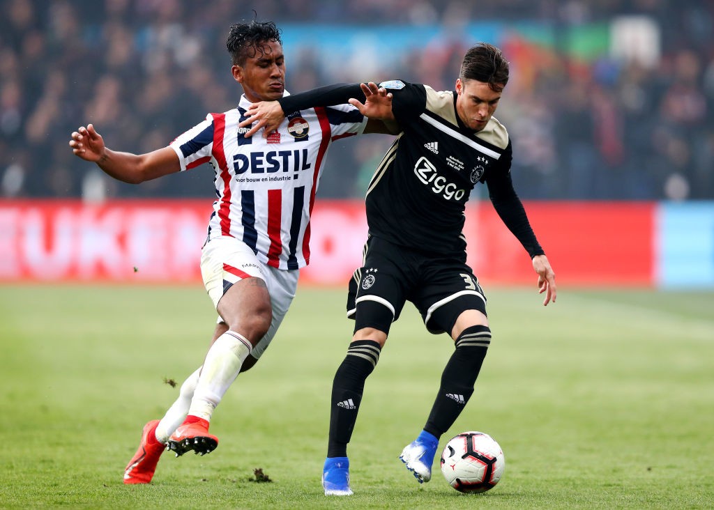 Nicolas Tagliafico of Ajax (R) holds off Renato Tapia of Willem II during the Dutch Toto KNVB Cup Final between Willem II and Ajax at De Kuip on May 05, 2019 in Rotterdam, Netherlands. (Getty Images)